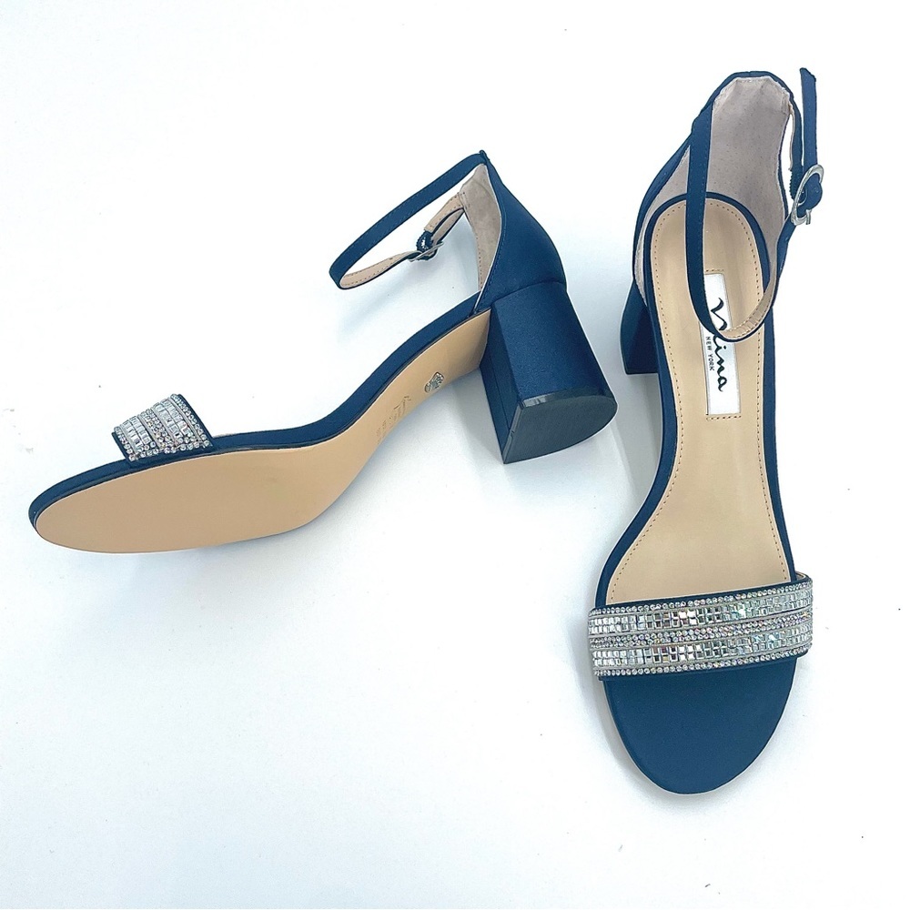 NINA WOMENS NAVY SUEDETTE CRYSTAL BLOCK MID-HEEL ANKLE STRAP DRESS SANDAL NIB! - Picture 14 of 15